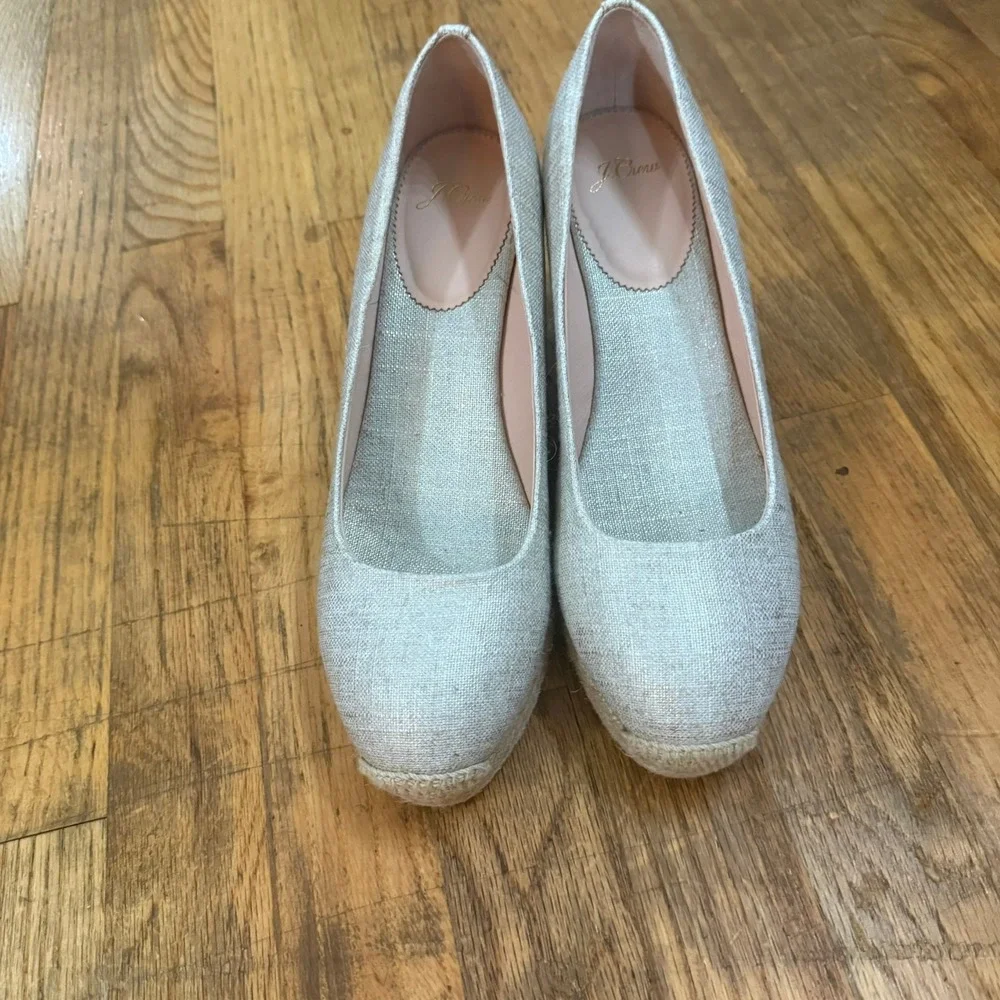 J. Crew Seville Espadrille Wedge Heels Linen Flax Canvas Beige Slip On Size 10